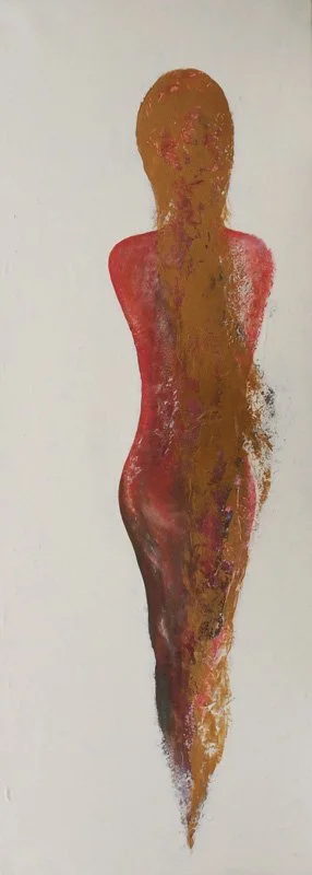Abstrakte Kunst eines Menschen in warmen Tönen auf weißem Hintergrund, schematische Darstellung eines weiblichen Körpers in Seitenansicht.