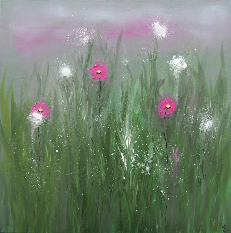 A watercolor painting of pink flowers in green grass with a soft pink and purple sky in the background.