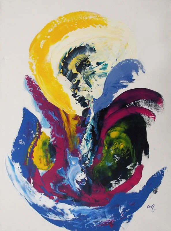 Abstraktes Gemälde mit intensiven Farbstrichen in Gelb, Blau, Schwarz, Rubinrot, Grün und Weiß, das eine stilisierte menschliche Figur darstellt.