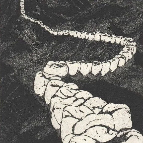 Black and white drawing of a spiral staircase viewed from above, with detailed steps and shadows.