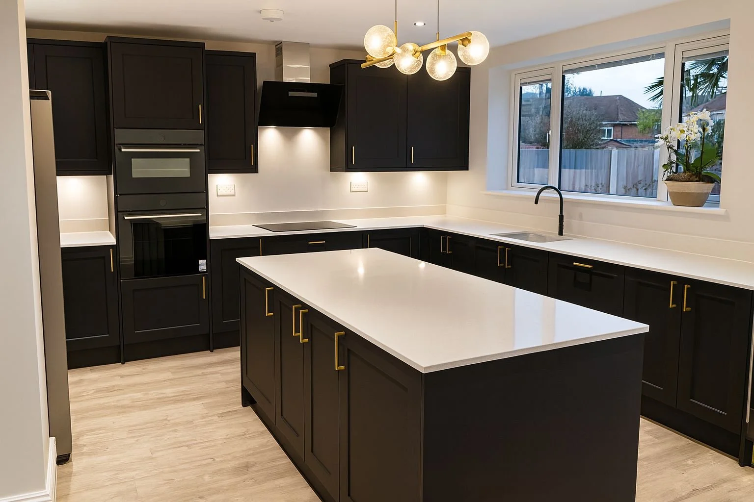 Modern kitchen with black cabinets, white countertops, a central island, a black range hood, built-in oven, a window with a plant on the windowsill, and a contemporary chandelier.  Carpentry, construction and Renovation by DA Build in London, Surrey 