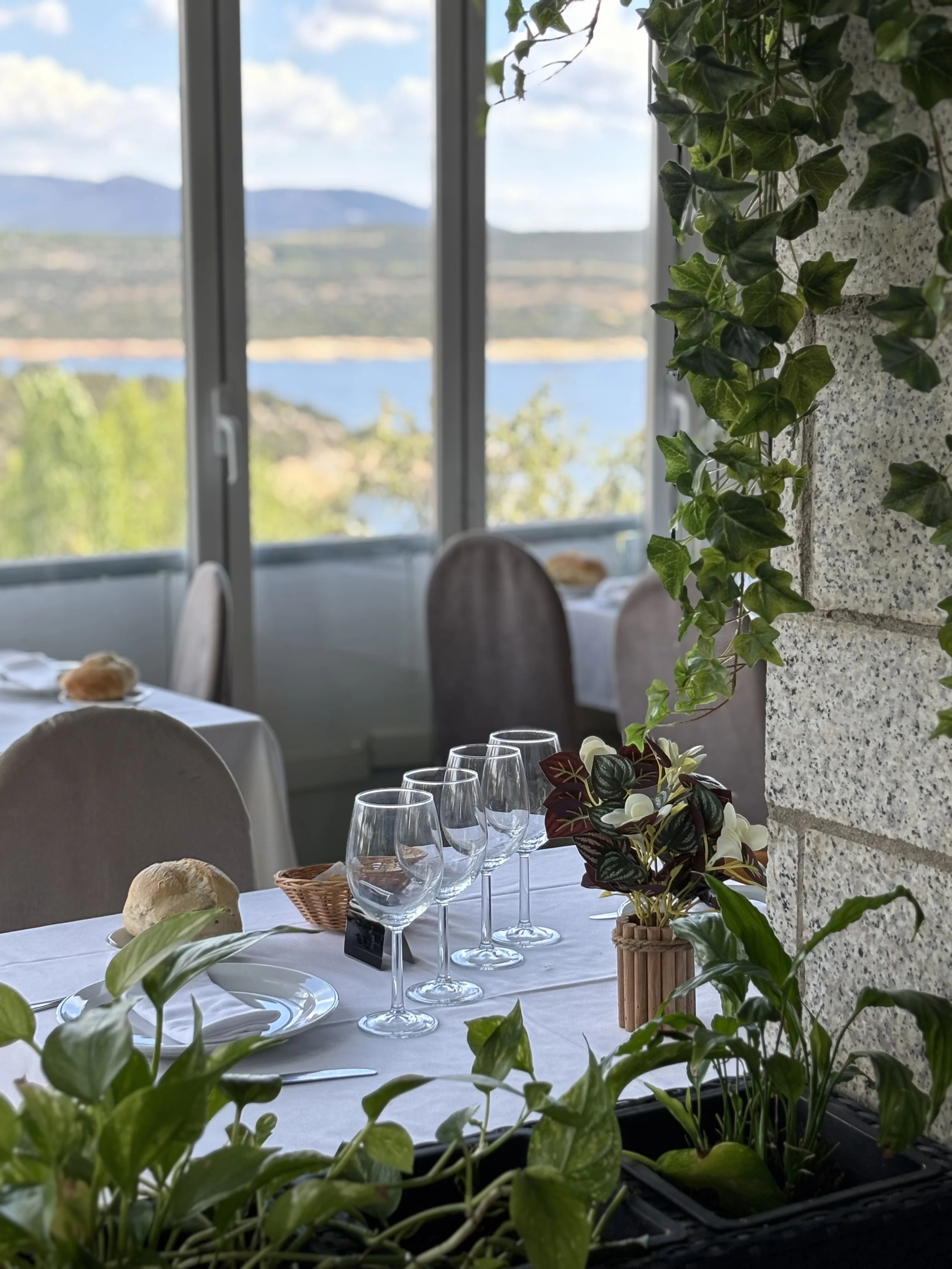 Mesa de comedor decorada con cristalería y plantas, con vista a un paisaje de montañas y lago a través de grandes ventanas.