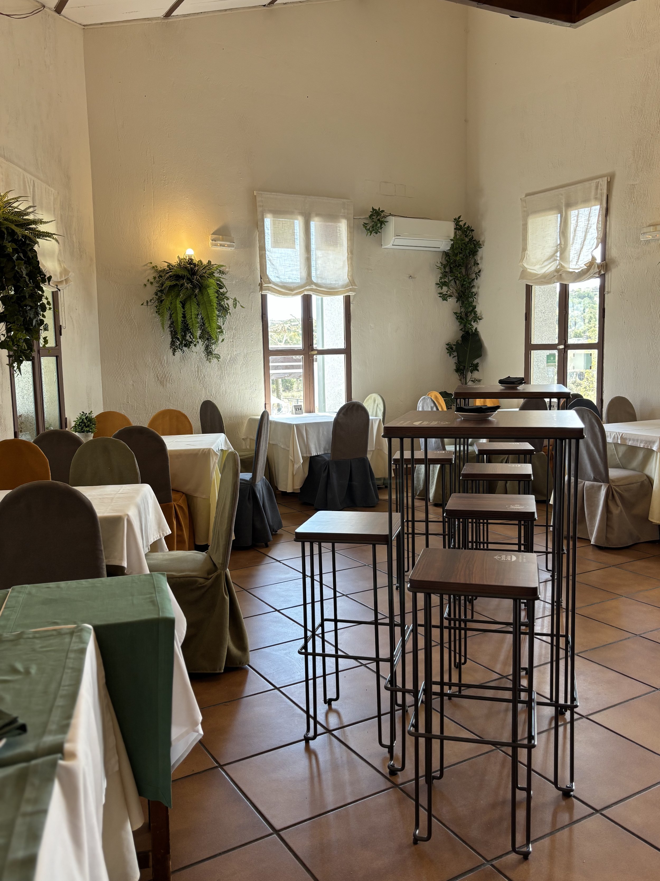 Interior de un restaurante con mesas con manteles blancos, sillas de distintos colores, plantas decorativas y ventanas con cortinas claras, iluminación suave y ambiente acogedor.
