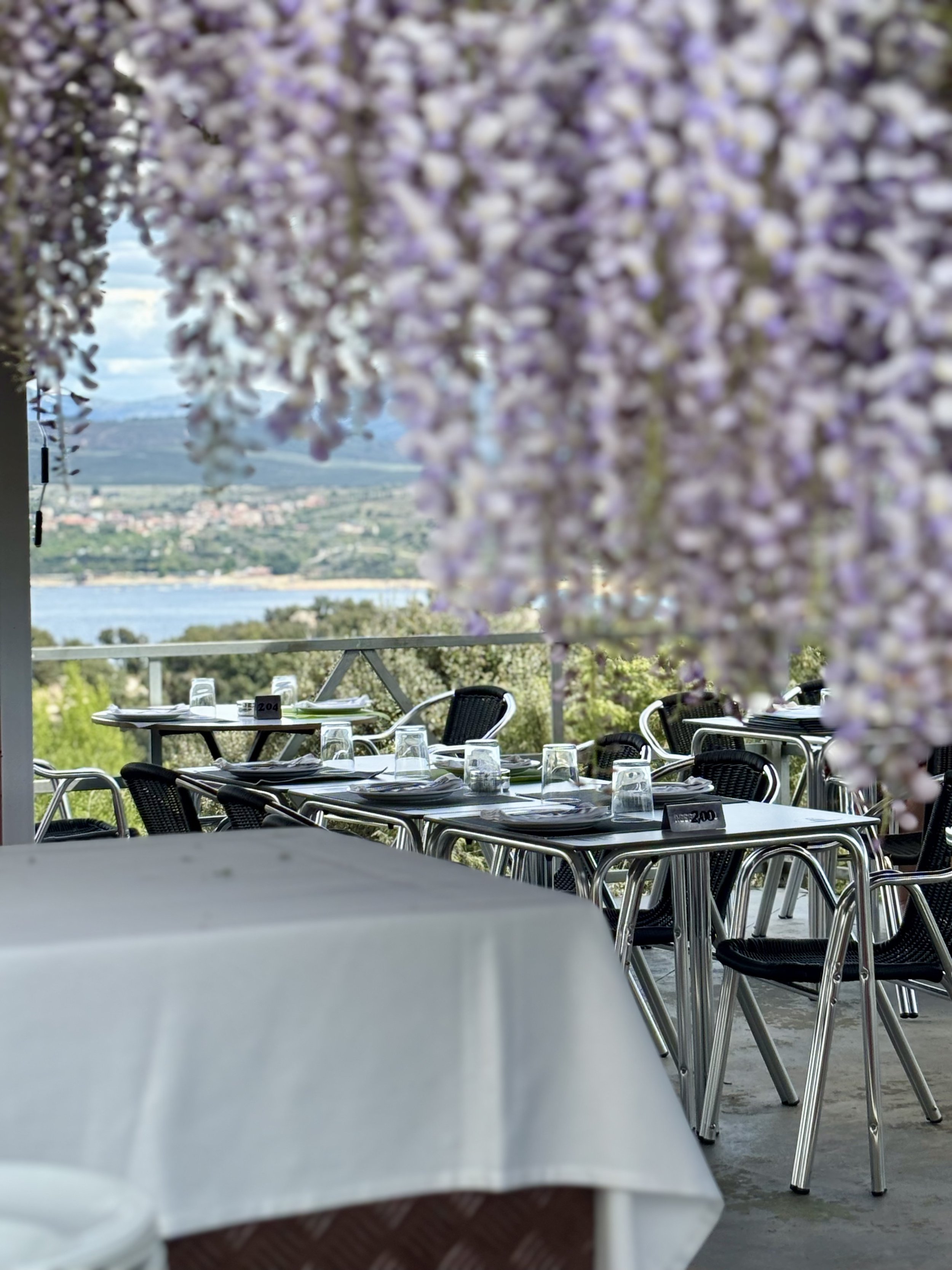 Mesas y sillas en un restaurante con vista a un paisaje de río y montañas, decorado con flores moradas colgantes.