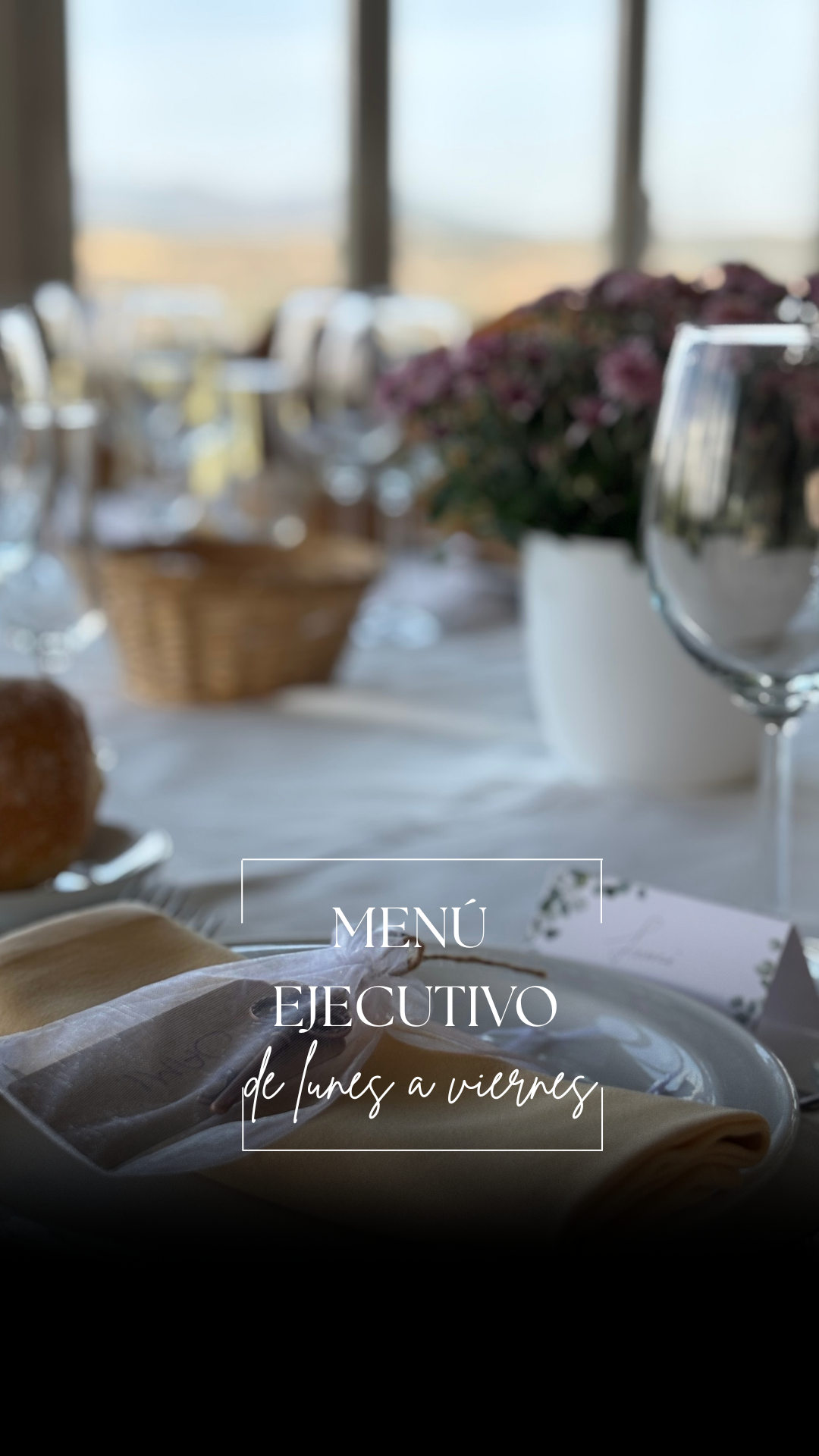Cartel de menú ejecutivo para lunes a viernes en un restaurante con comida y bebida en la mesa, en un entorno luminoso y con decoraciones