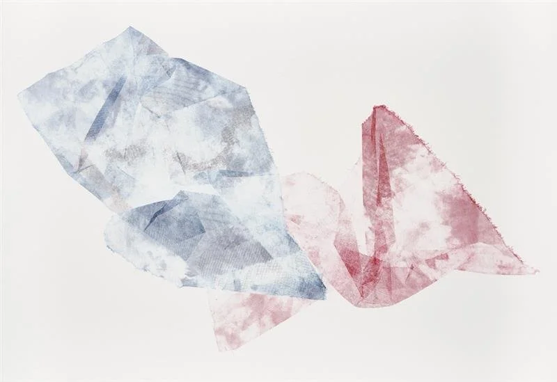 Abstract watercolor painting of two broken or fragmented paper triangles, one blue and one pink, on a white background.
