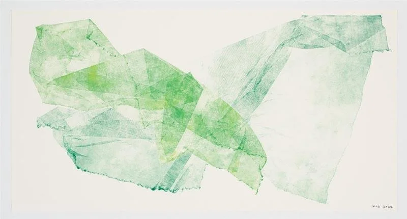 Abstract watercolor painting with shades of green and light blue, featuring irregular geometric shapes and textures.
