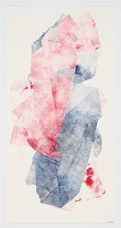 Abstract watercolor painting with red and blue geometric shapes.