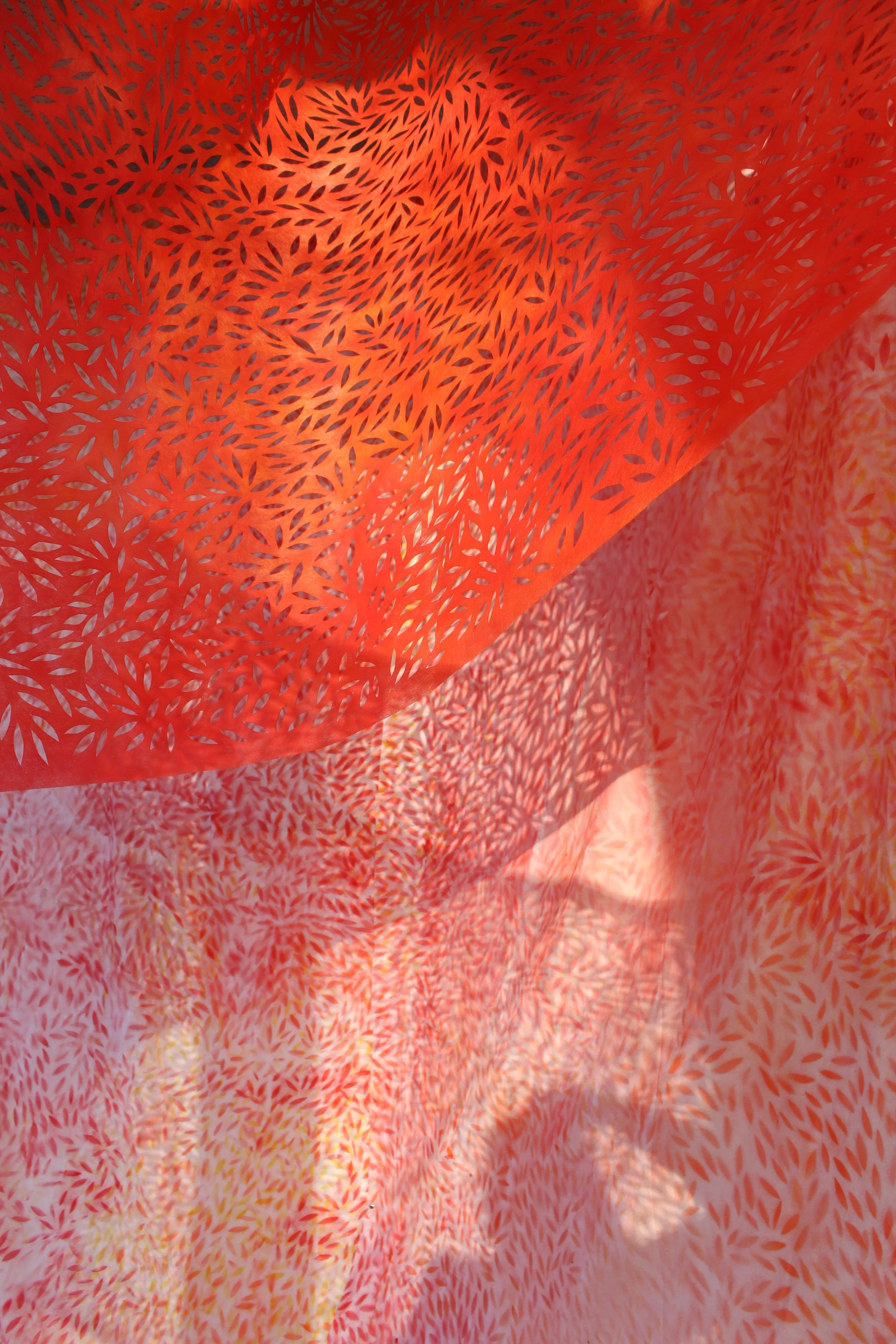 Close-up of orange paper lanterns with intricate cut-out leaf patterns, sunlight shining through, creating shadow effects.