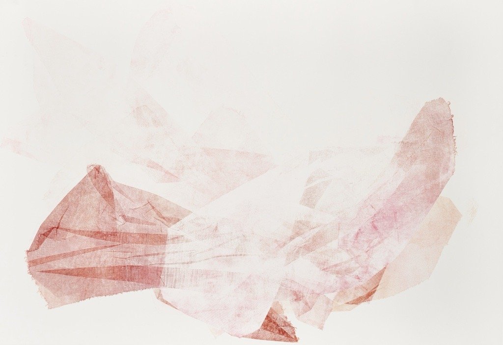 Abstract watercolor painting with shades of pink, red, and peach on a white background.