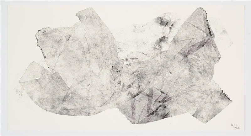 Abstract black and gray watercolor painting with geometric shapes on white background.