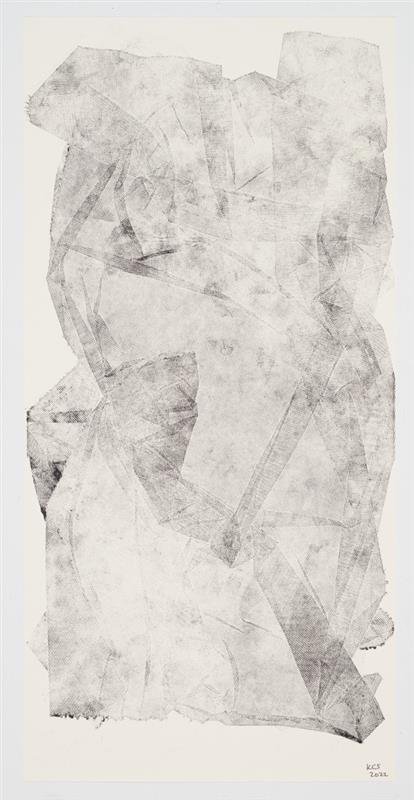 Abstract grayscale textured artwork with geometric shapes and overlapping layers.