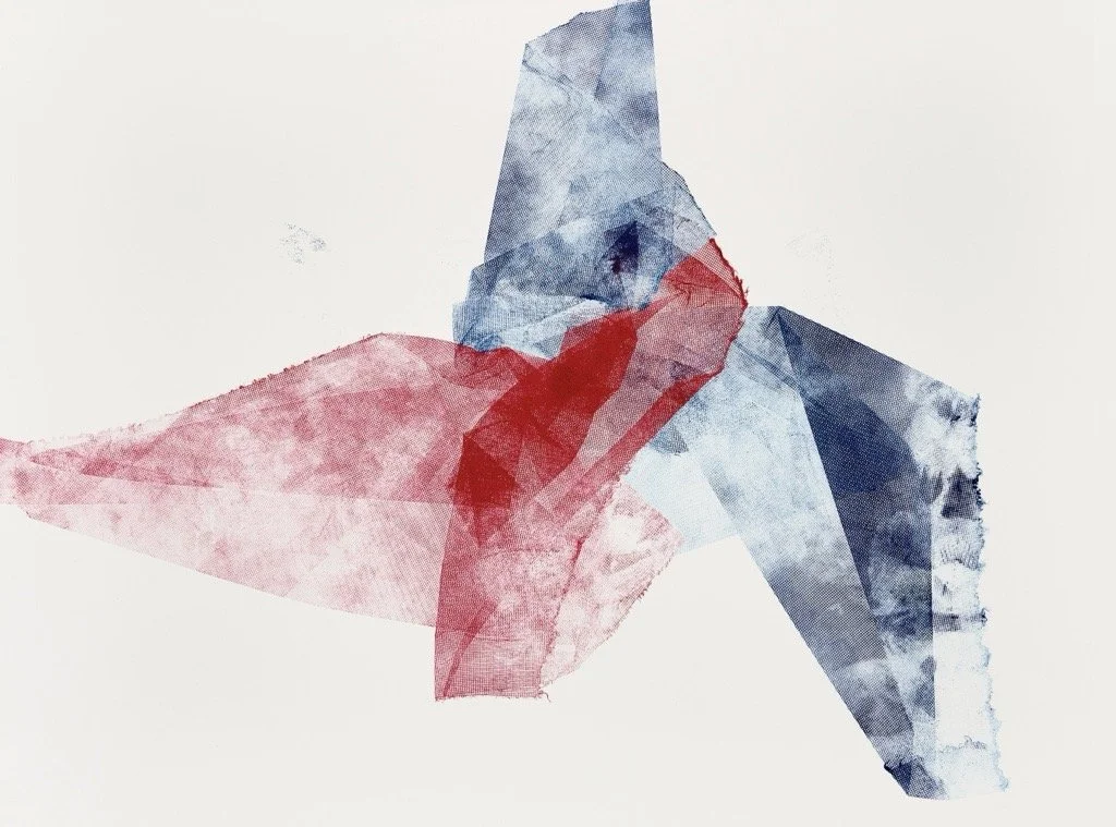 Abstract watercolor painting of a star with shades of red and blue on a white background.