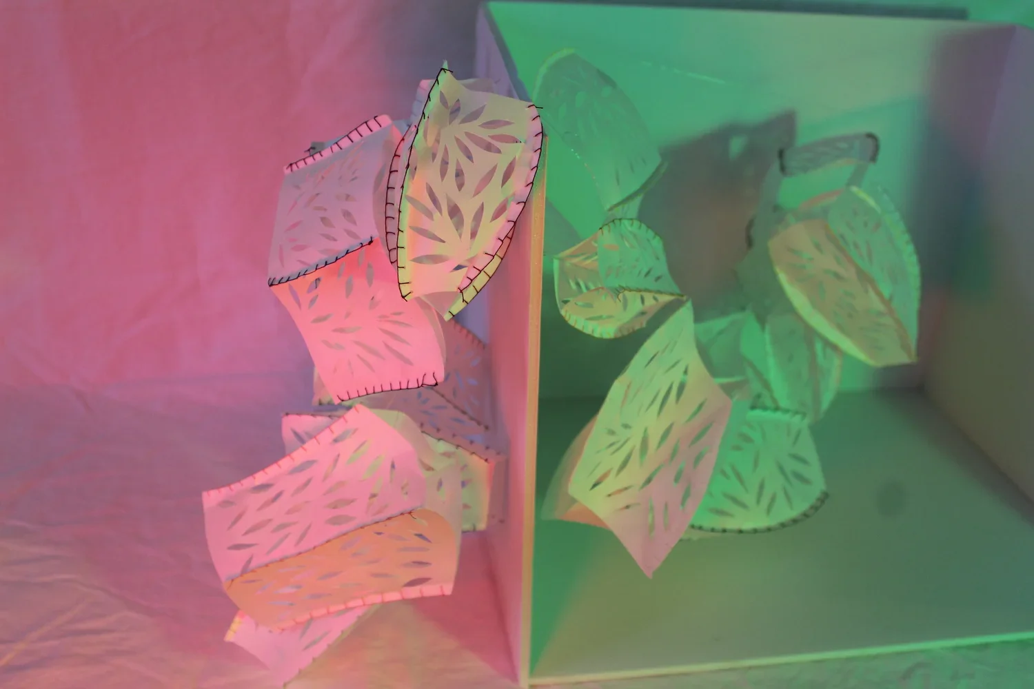 Paper lanterns with leaf patterns illuminated with colorful lights, placed inside a mirrored box creating a symmetrical reflection.