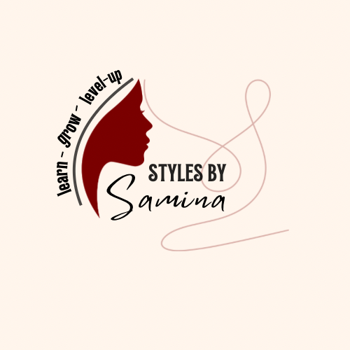 Logo for 'Styles by Samina' featuring a side silhouette of a woman's face in maroon and black, with the text 'learn - grow - level-up' in a curved line and a pink curved line design.