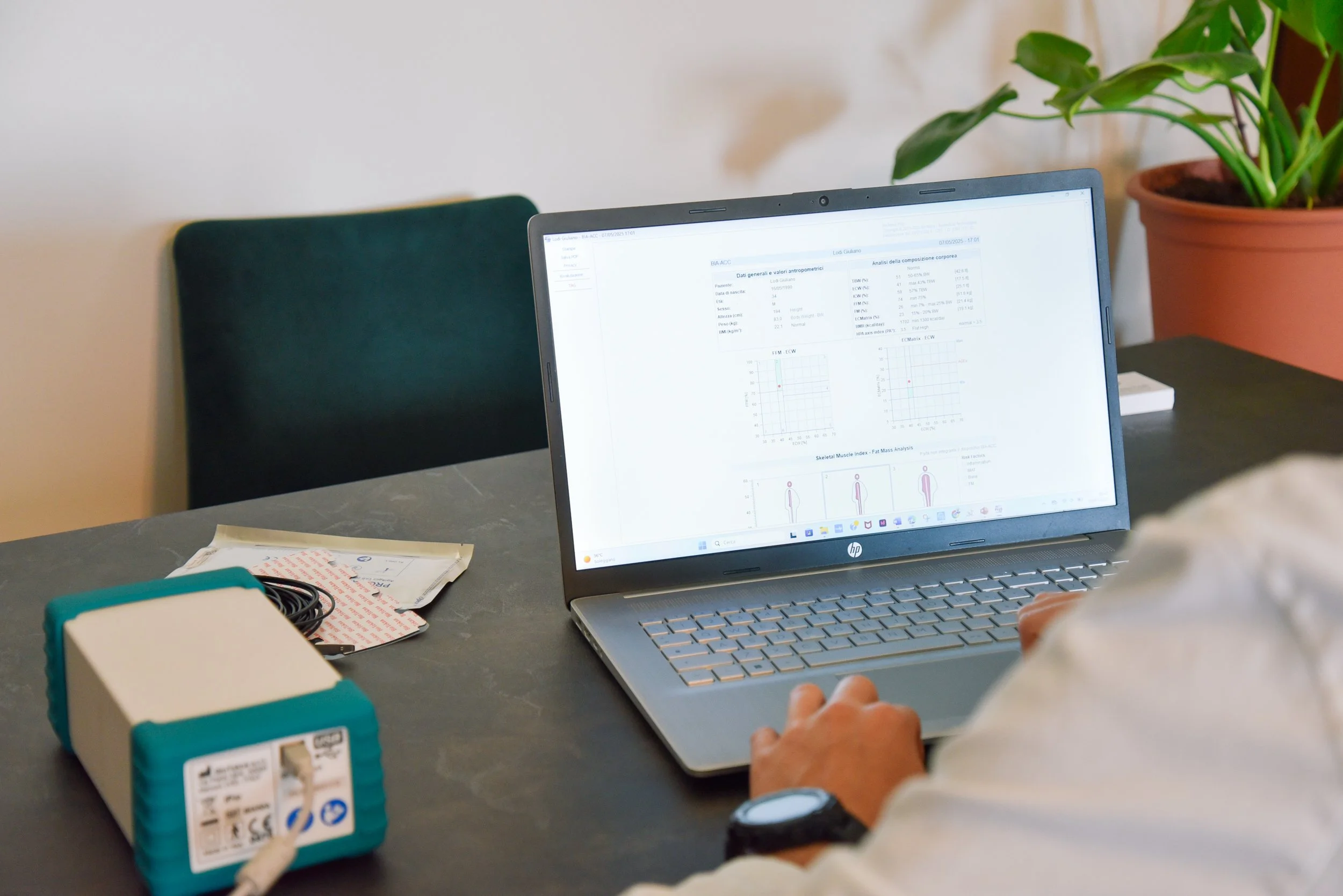 Schermata software di un'analisi bioimpedenziometrica durante una consulenza nutrizionale con il Dott. Giuliano Lodi.