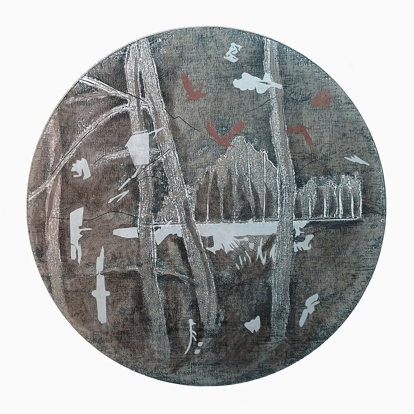 Sarah Abercrombie_Wandering no.5_ Collagraph and Woodcut Print with Chine Colle and Indian Ink_40cm x 40cm _Reserved for Ferini Art Gallery