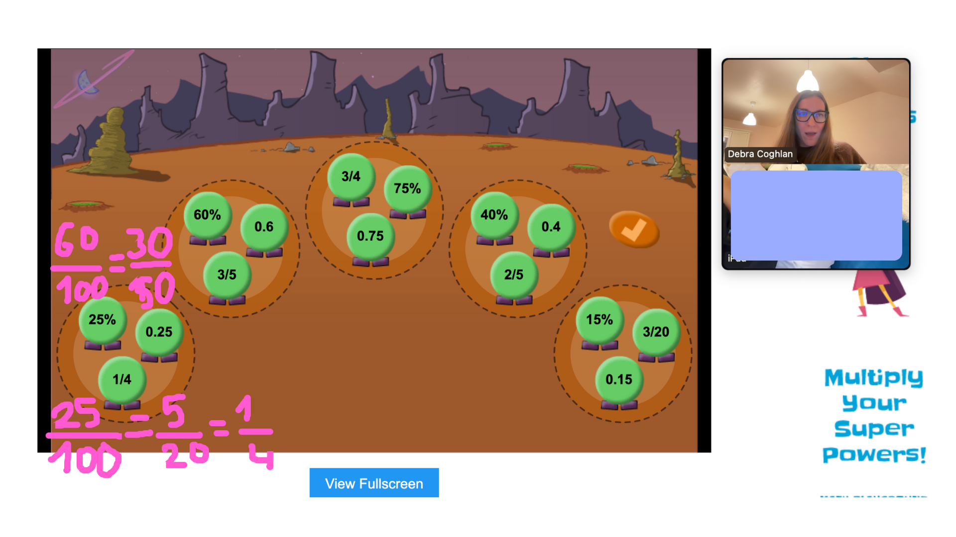 Making relationships between fractions, decimals and percentages through games. By M (9 years old) 