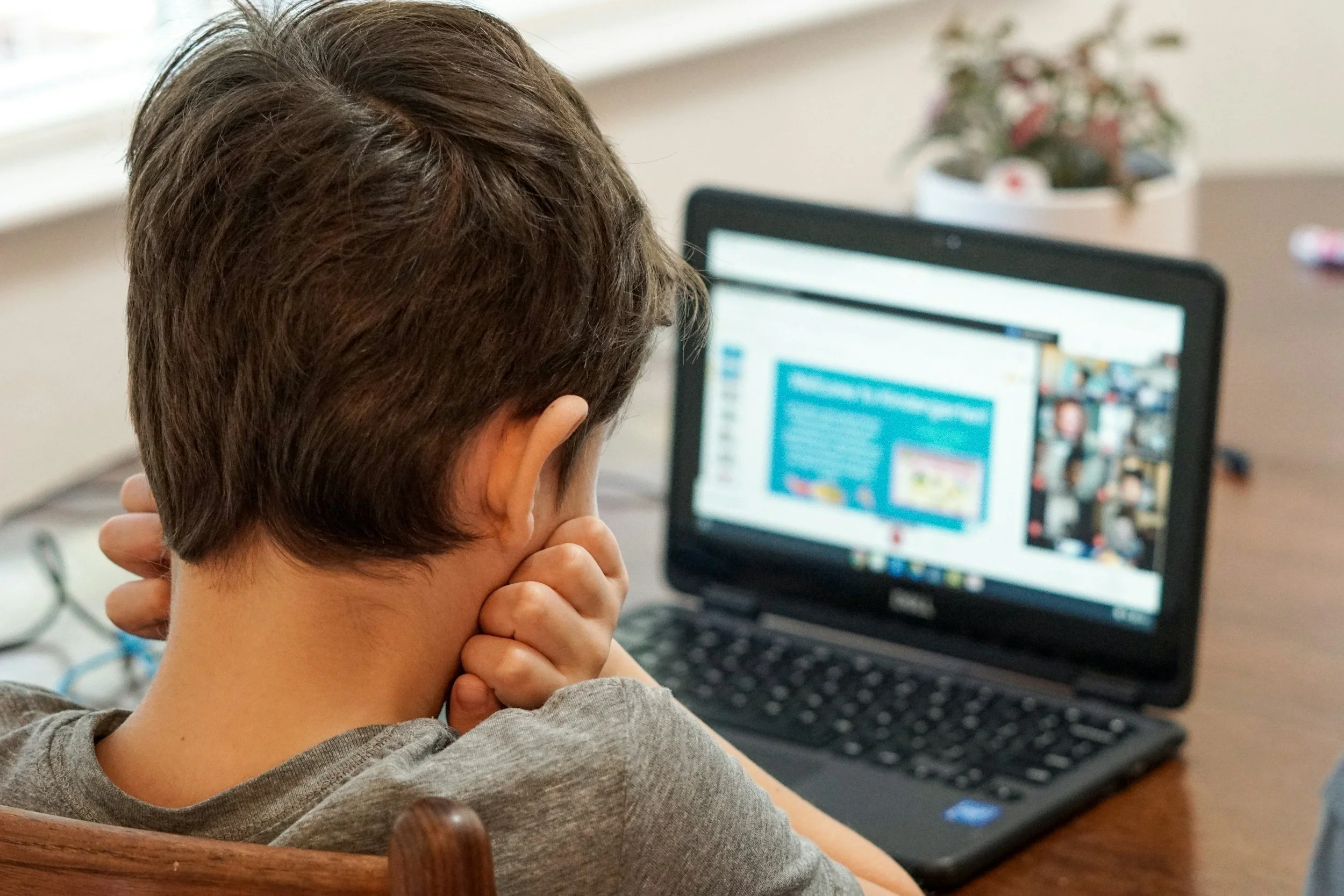 A young boy with brown hair sitting at a desk, watching a video call on a laptop, with his hand resting on his chin.