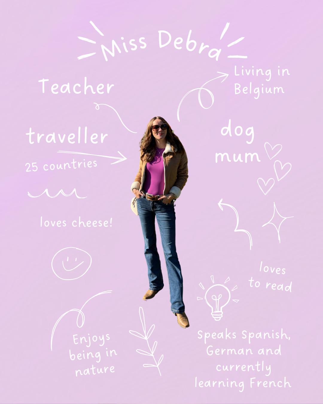 A woman standing against a purple background with handwritten notes around her, including her name Miss Debra, living in Belgium, teacher, traveler with 25 countries, loves cheese, is a dog mom, loves to read, speaks Spanish, German, and is learning French, enjoys being in nature.