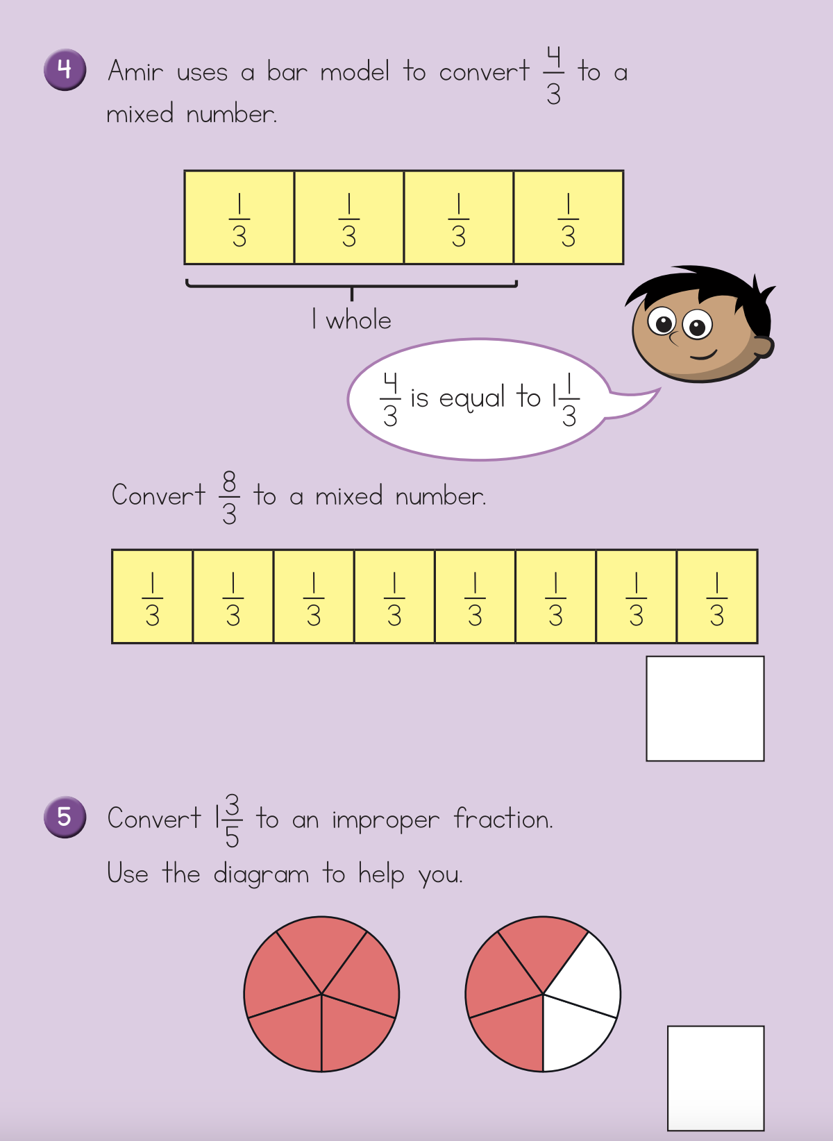 A page from a math workbook showing fractions and their conversions. The first part illustrates that four one-thirds make a whole, and demonstrates converting eight thirds to a mixed number, with a bar model of eight one-thirds. The second part asks to convert one and three-fifths to an improper fraction using pie charts, with partially filled circles shown.