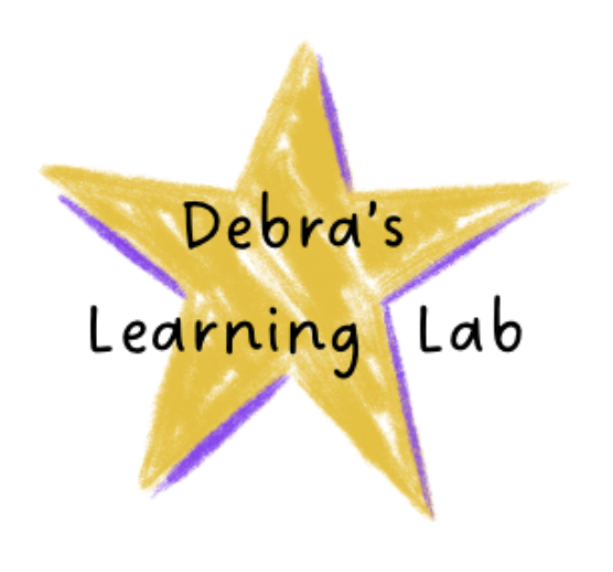 A yellow star with purple outline and handwritten text saying 'Debra's Learning Lab' inside.