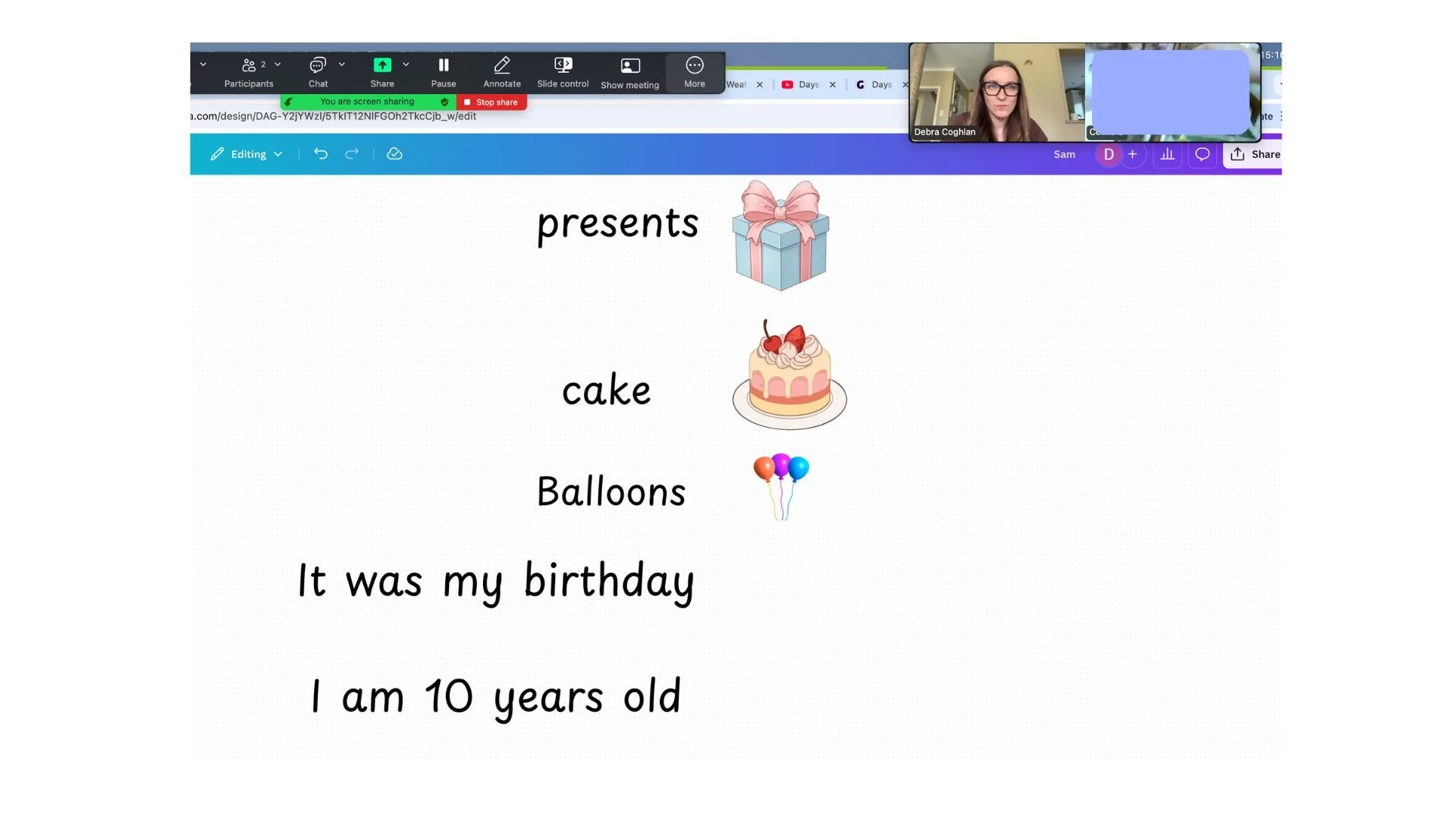 Speaking and listening activity about birthdays with Sa (9 years old) 