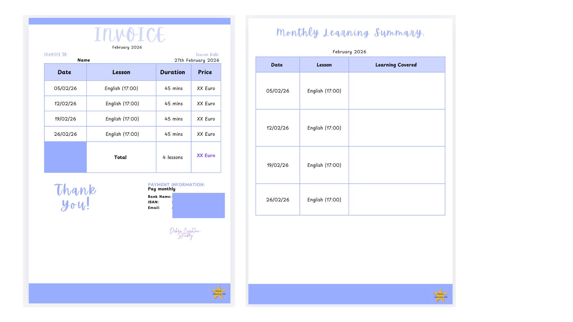 A double-page document with a pastel blue and white color theme. The left page features an invoice titled 'INVOICE,' listing four English lessons scheduled for February 2026, with a total cost of 'XX Euro.' The bottom left says 'Thank you!' in blue, and the bottom right has a yellow star with text. The right page is a 'Monthly Learning Summary' for February 2026, displaying dates and lessons covered in a table, with a blue header and footer, and a yellow star in the bottom right corner.