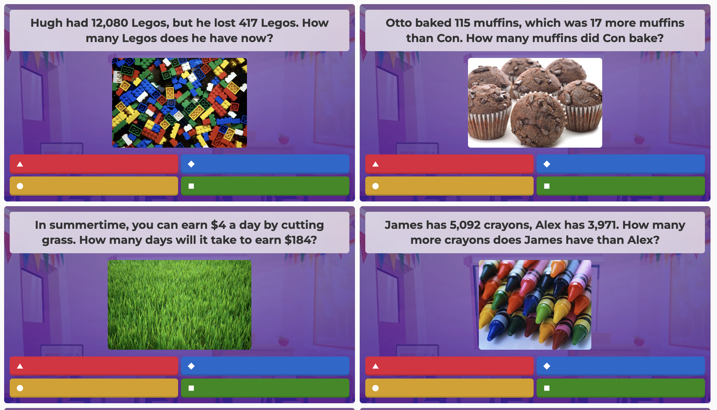 Four questions with images and answer options: Legos with a question about how many Legos Hugh has after losing some, muffins with a question about how many muffins Con baked, grass with a question about earning money cutting grass, and crayons with a question about comparing the number of crayons James and Alex have.