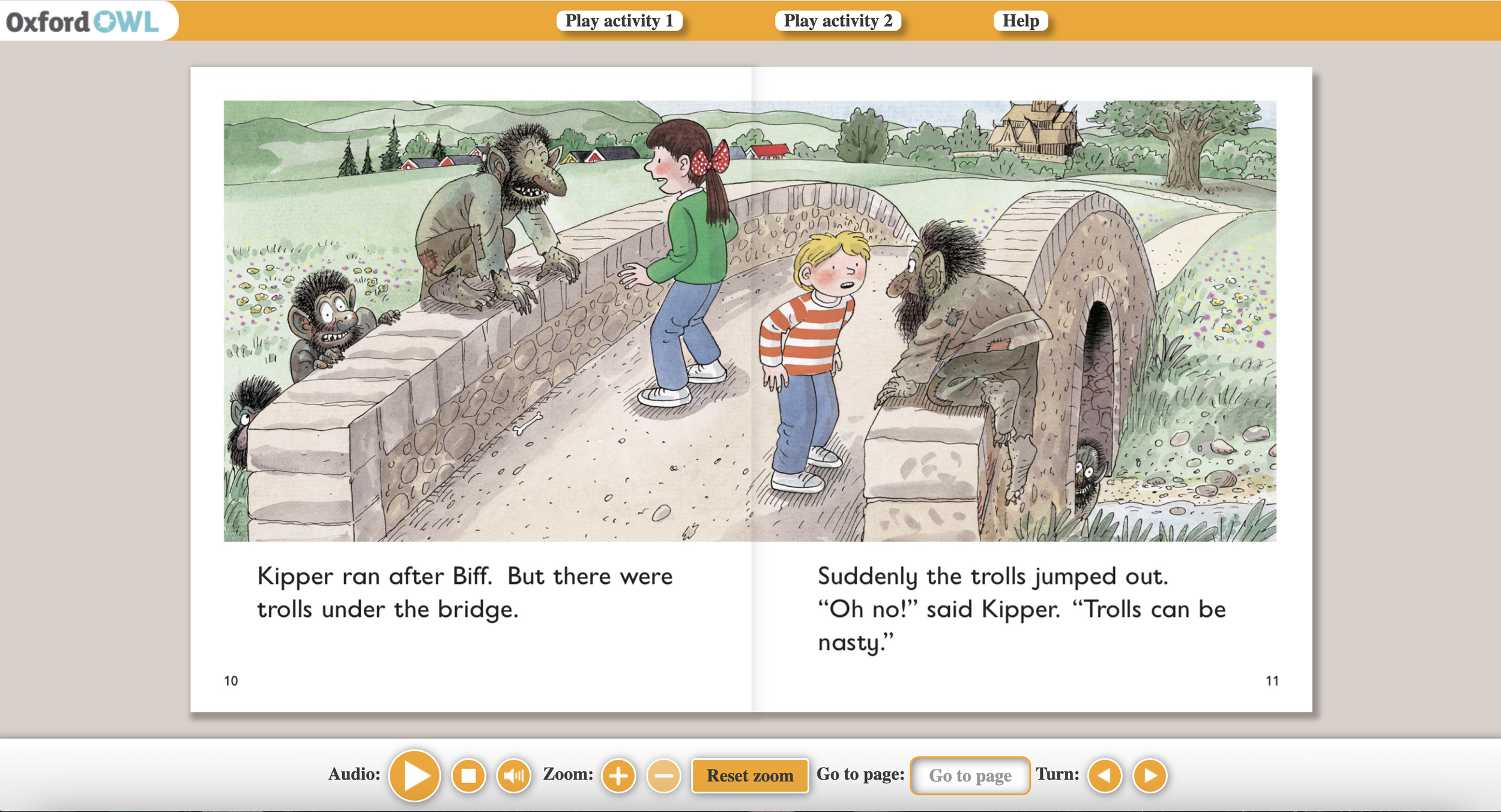 Children and trolls on a stone bridge over a stream. Trolls are hiding under the bridge and sitting on the bridge. One troll is sitting on the bridge, another is leaning on the bridge wall. Two children, a boy with blonde hair and a girl with dark hair and a bow, are talking to the trolls.
