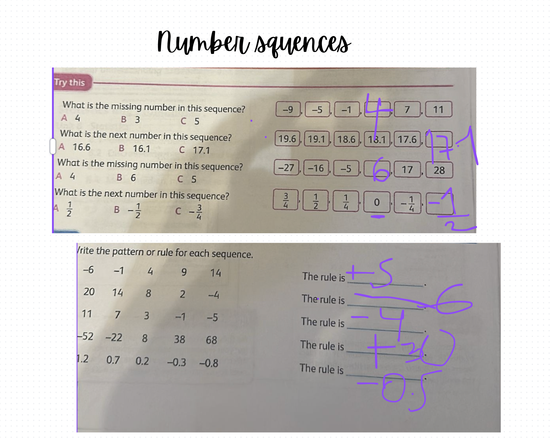 Number sequences using positive and negative numbers with M (10 years old) 