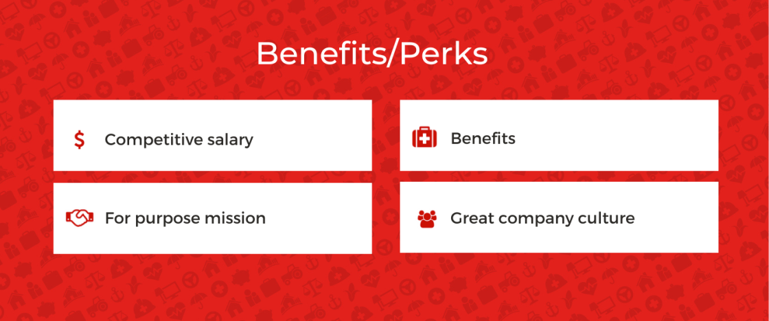 A digital graphic listing the benefits and perks of a job or company, with categories including competitive salary, benefits, for purpose mission, and great company culture, set against a red background with social media icons.