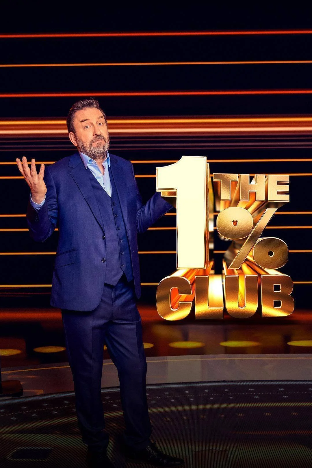 Promotional image of the ITV/MagnumMedia quiz programme 'The 1% Club', featuring comedian Lee Mack and The 1% Club logo.