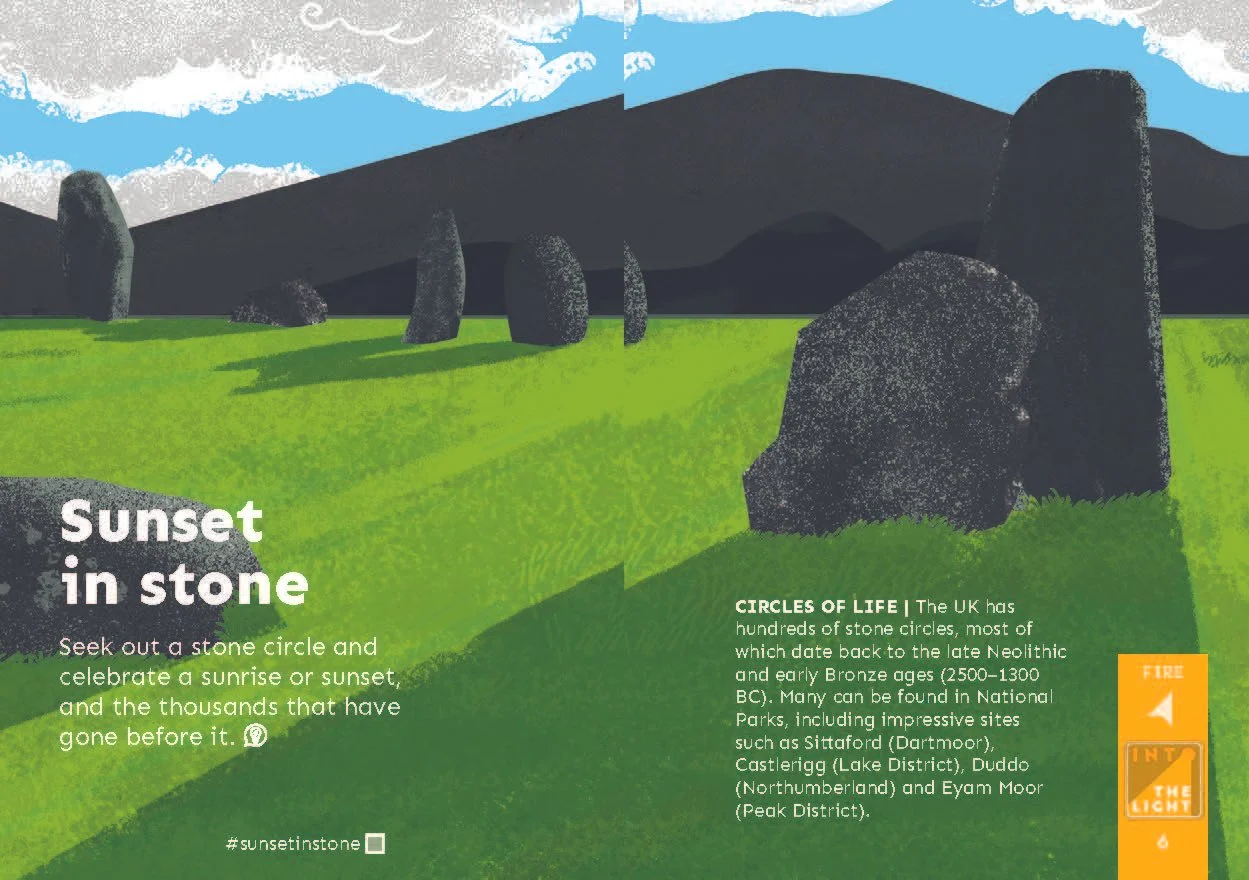 A page from the book Explore The Elements by Tom Jordan and Joshua Rice. Illustration of a stone circle on a grassy field, clouds in the sky, and text about celebrating sunsets and sunrises at stone circles in the UK.