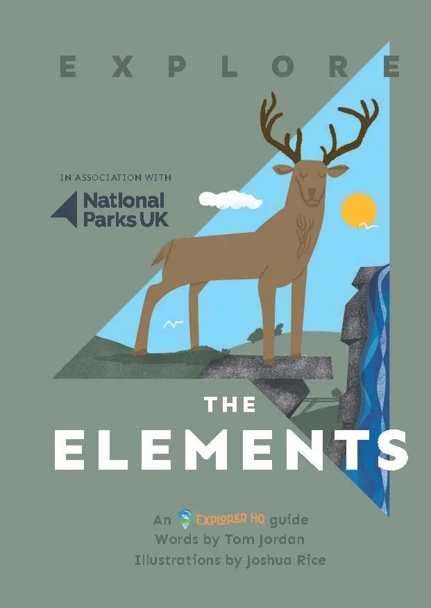 The cover of the book 'Explore the Elements' by Tom Jordan and Joshua Rice, featuring an illustration of a stag standing on rocks beside a waterfall, with a bright sun and clouds in the background.