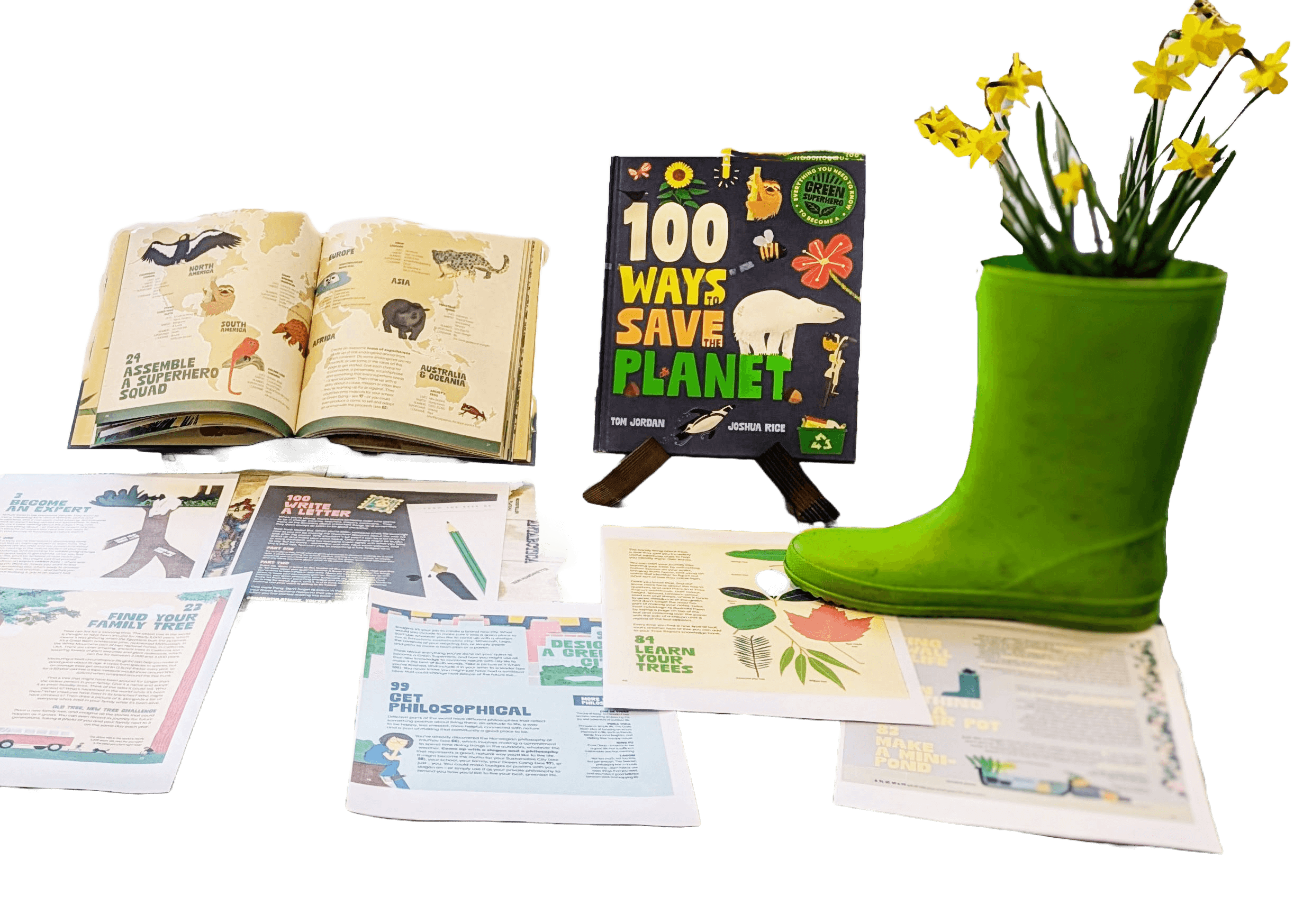 Collection of educational materials related to the environment, including a book about saving the planet, a pair of green rain boots with a plant inside, and various pages from the book 100 Ways To Save The Planet by Tom Jordan and Joshua Rice.