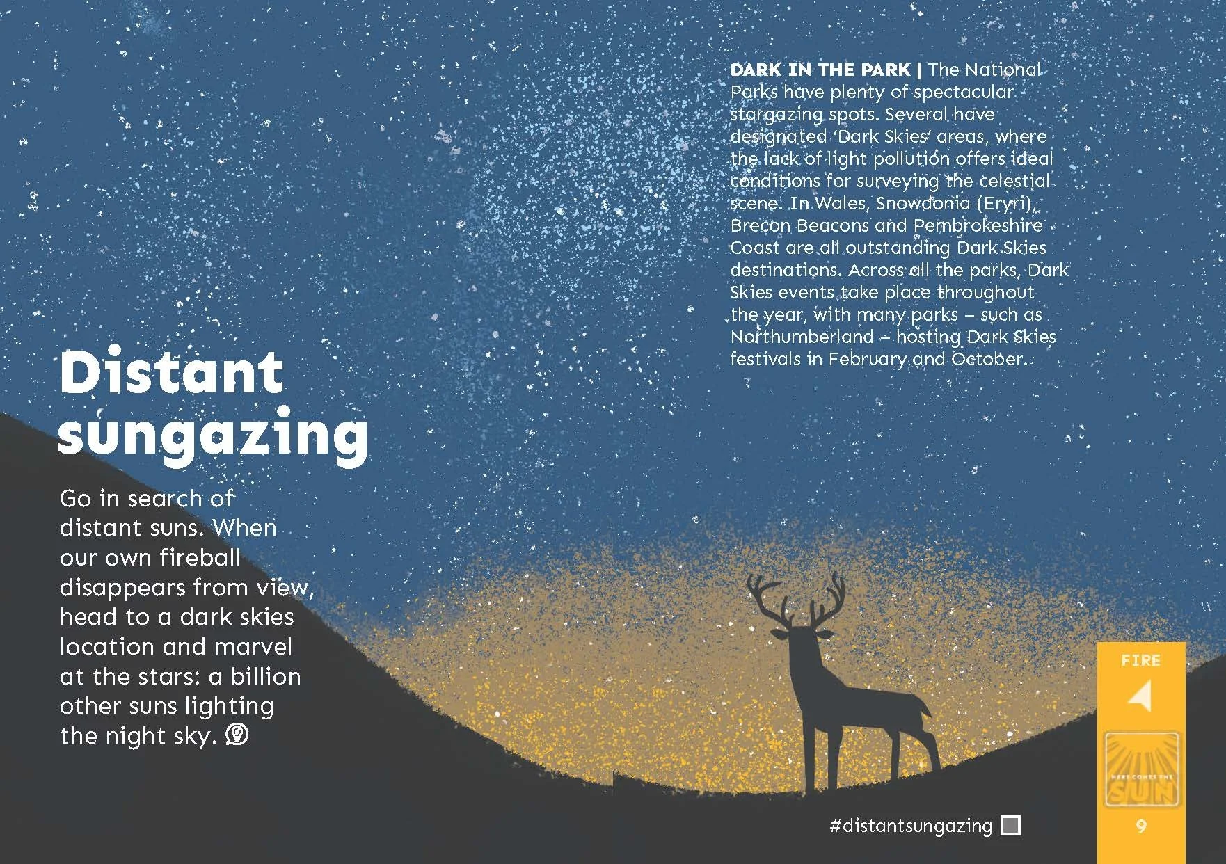 Two pages from the book Explore The Elements by Tom Jordan and Joshua Rice, Text entries about star gazing in Dark Skies areas of National Parks.