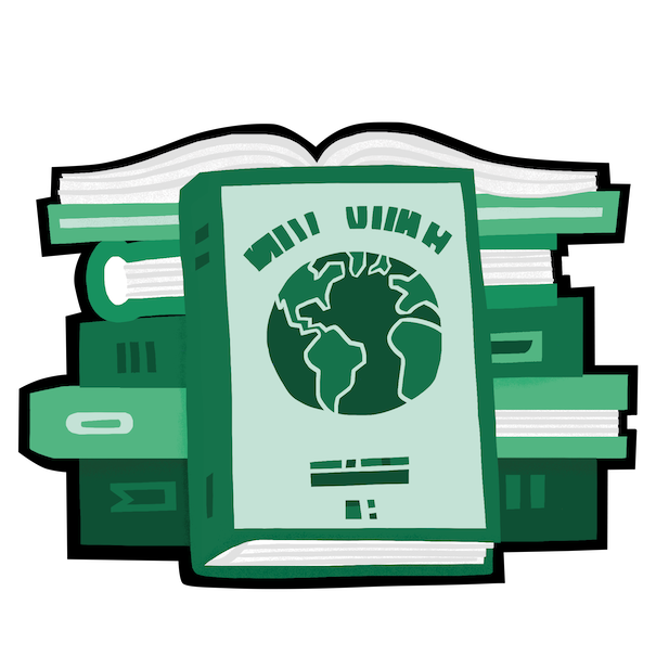 An illustration of a pile of green books, with the top book open. Illustration by Joshua Rice.