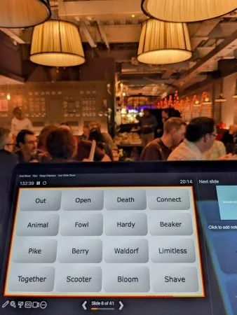 The Children's Media Foundation QuizNite, held at Monopoly Lifesize in London. The image shows the connections round screen in the foreground, and quiz teams in the background.