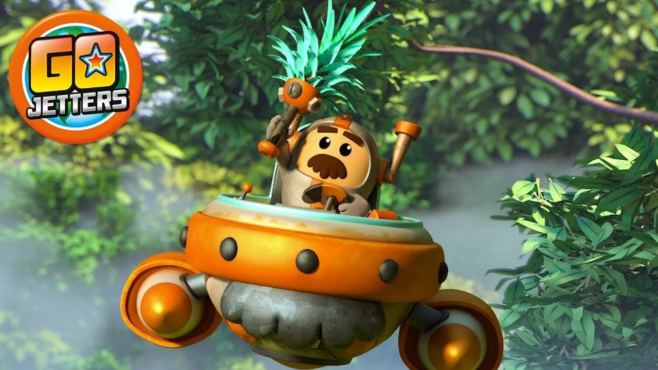 A still shot of Grandmaster Glitch with a feathered headrest, from the BBC Go Jetters episode Monteverde Cloud Forest, Costa Rica, written by Tom Jordan.