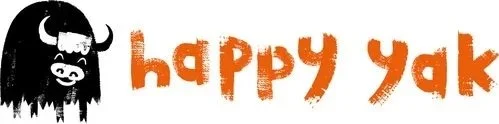 The logo of Happy Yak, a Quarto imprint. Illustration of a happy black yak with white horns and a white face, next to the text 'happy yak' in orange, rough-style font.