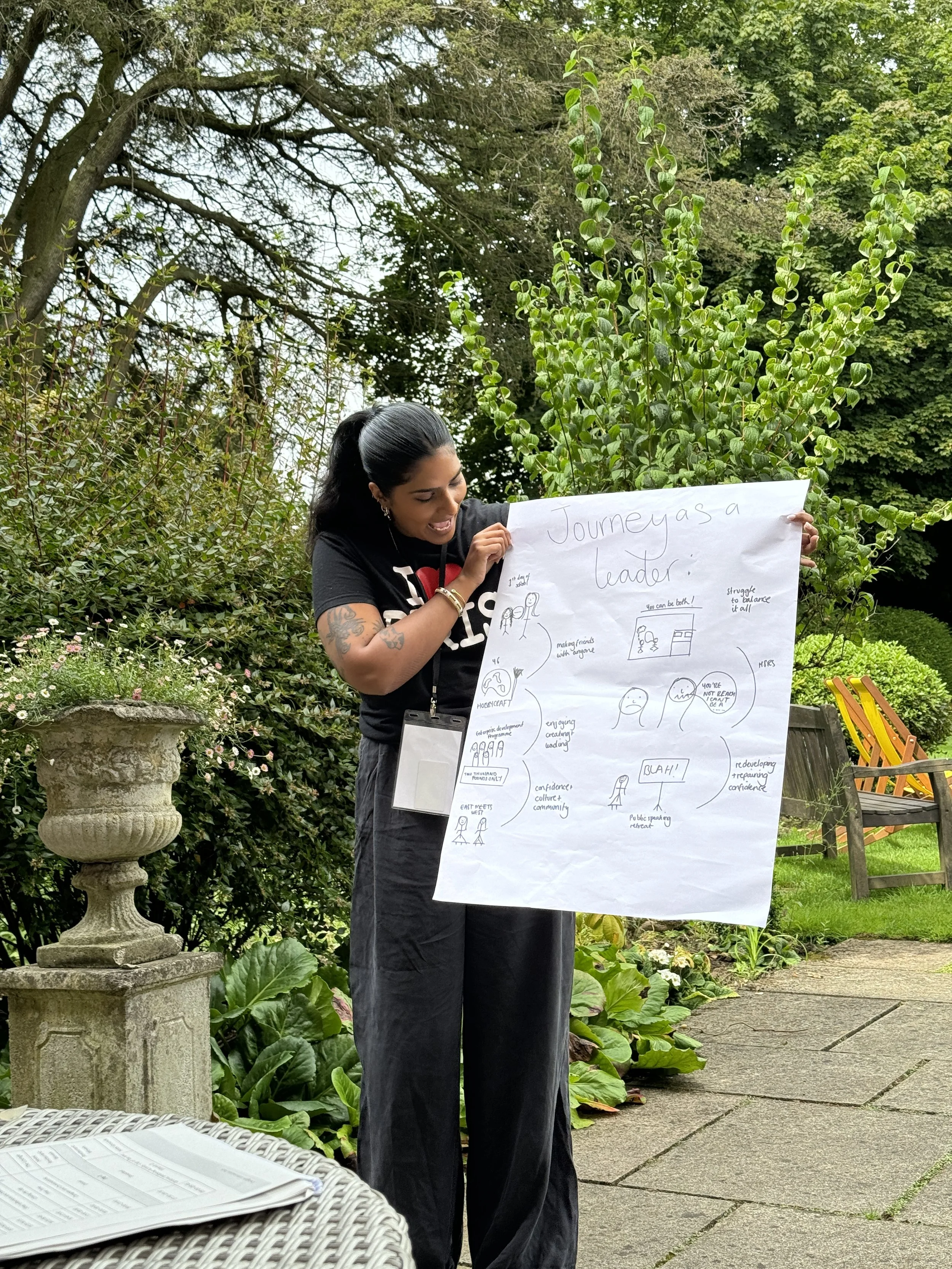 A woman with dark hair tied back, wearing a black t-shirt with a red heart graphic,is holding a large poster board with handwritten notes and drawings, standing outdoors on a stone walkway surrounded by greenery and trees.
