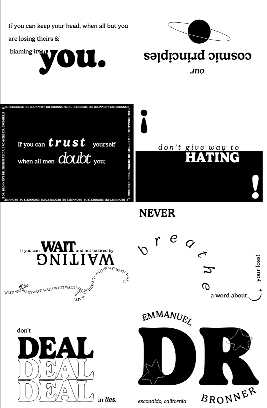 Typopraphic "manifesto" from Dr. Bronner's soap products