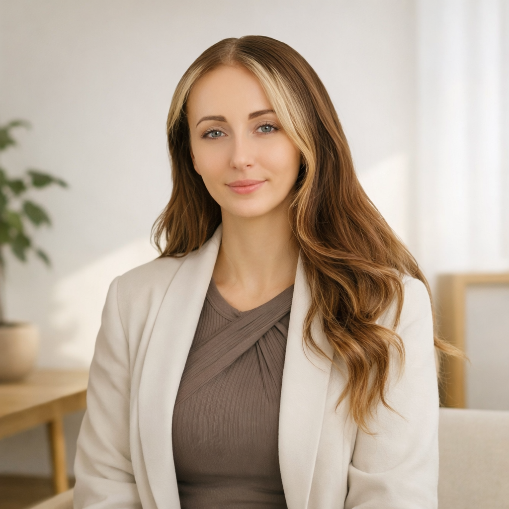 A woman with long, wavy red hair and blue eyes, wearing a beige blazer over a taupe top, sitting in a well-lit room with a neutral background and some green plants.