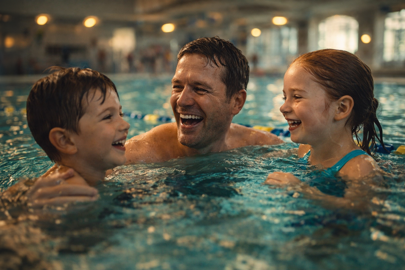 A man swimming with two children in an indoor swimming pool, all four are smiling and enjoying their time.