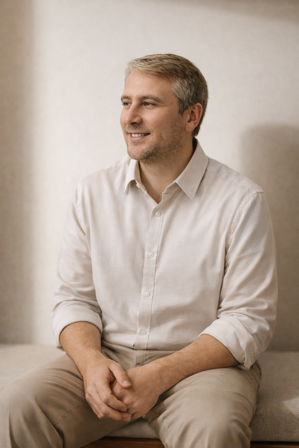 A smiling man with light-colored hair and beard, wearing a beige button-up shirt, sitting indoors against a neutral wall.