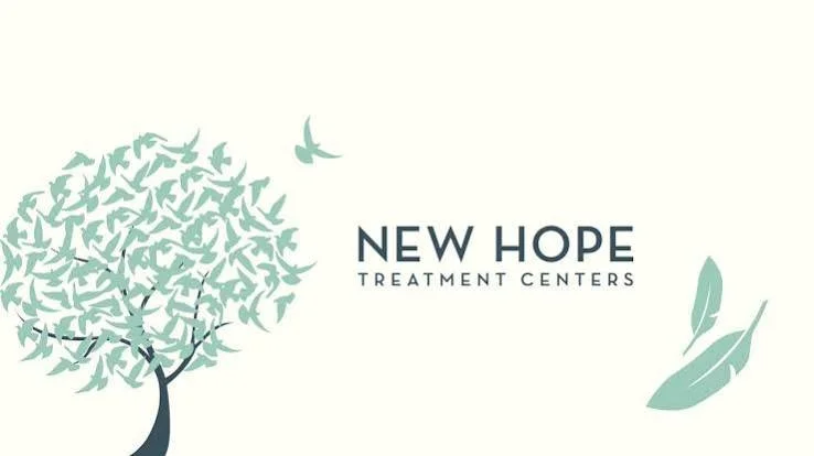 Illustration of a tree with many leaves and a few birds flying away, along with a leaf on the ground, and the text 'New Hope Treatment Centers'.