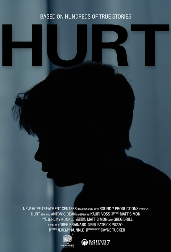 Silhouette of a person's profile against a blue background, with the word "HURT" prominently at the top, and additional text about new hope treatment centers, production company, and cast members at the bottom.