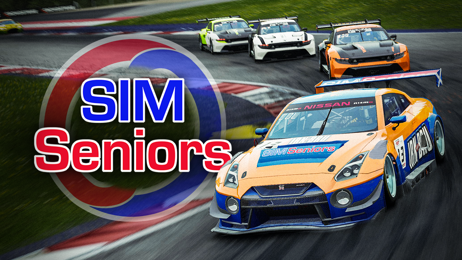 Race cars on a wet track with a large overlay text reading 'SIM Seniors', showing a racing video game scene.