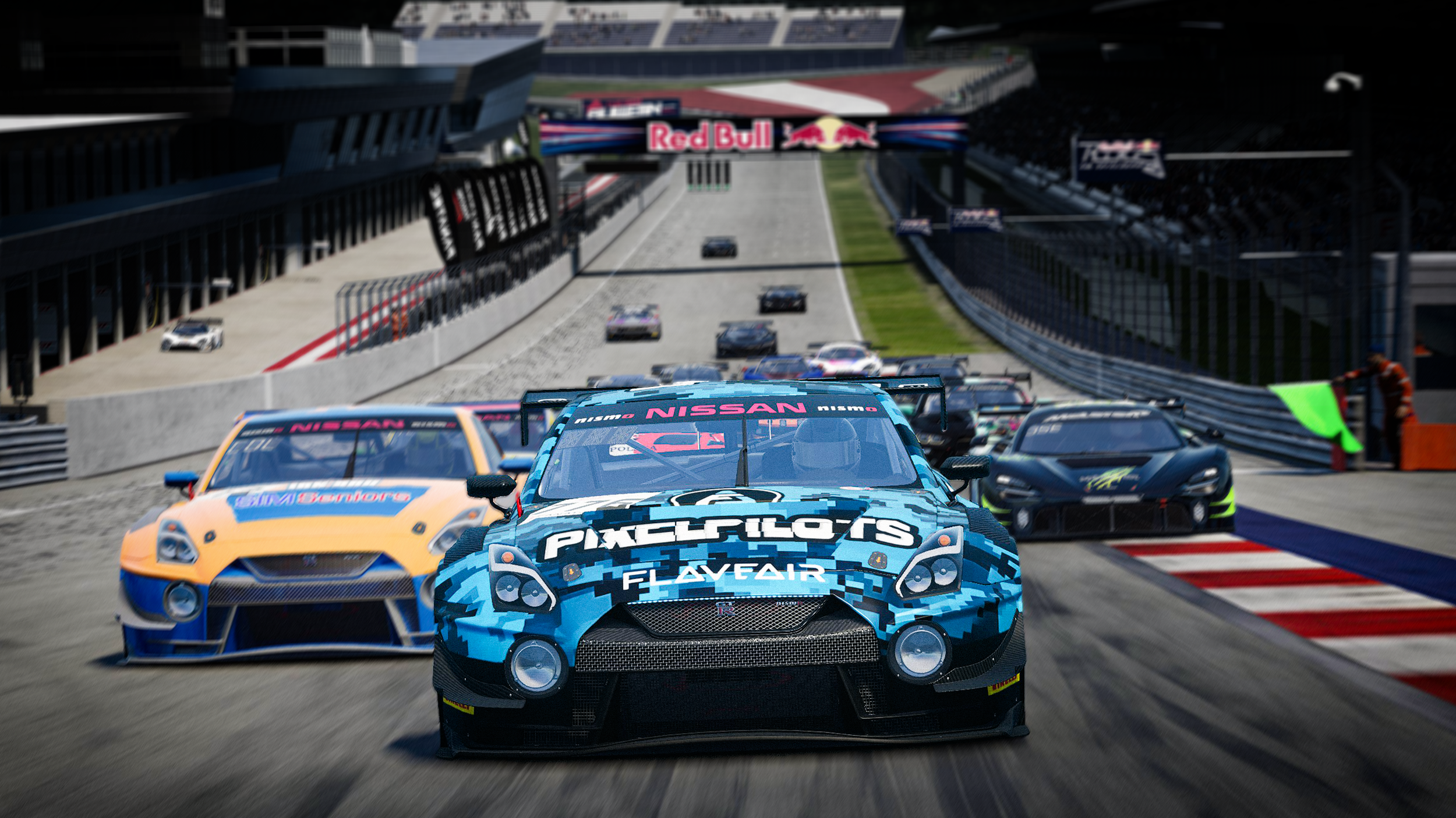 A race car on the track with other cars behind, in a racing circuit with grandstands, banners, and a Red Bull advertisement overhead.